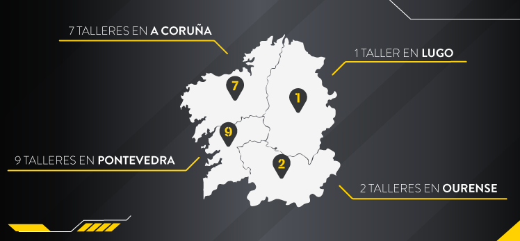 Mapa de talleres Rodi en Galicia por provincia